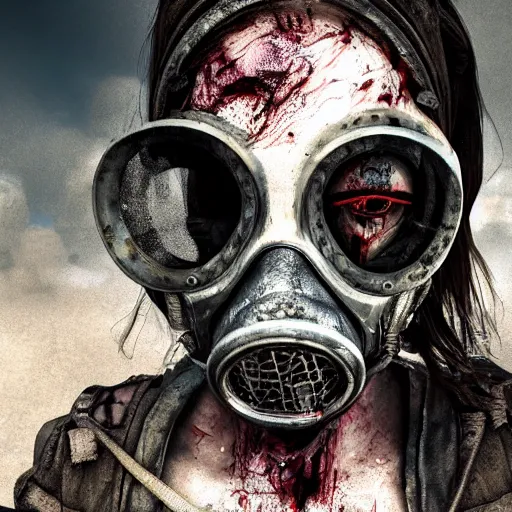 Image similar to post apocalyptic zombie in gasmask, details face, photo, bloody eyes, unreal engine, digital, artstation, detailed body, heavenly atmosphere, digital art, overdetailed art, trending on artstation, cgstudio, the most beautiful image ever created, dramatic, award winning artwork, beautiful scenery