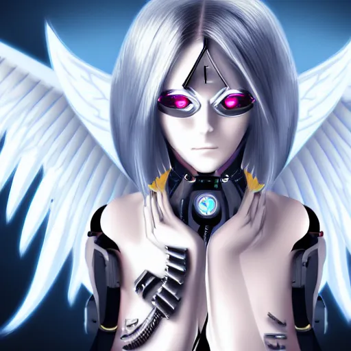 Prompt: small female cyborg - angel with large angelic wings, left eye gold and right eye silver, cyberpunk - anime character - concept art