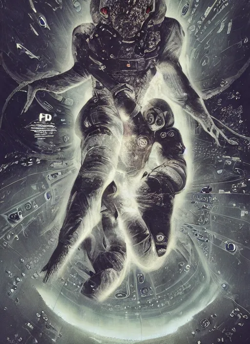 Image similar to astronauts in the dark infinite underwater void - complex and hyperdetailed technical suit, fabric material. reflection and dispersion materials. rays and dispersion of light. volumetric light. wide angle, f / 3 2. noise film photo. flash photography. ultra realistic, wide angle. poster by wayne barlowe, hajime sorayama aaron horkey, craig mullins