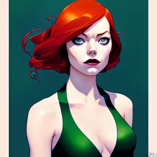 Image similar to joshua middleton, phil noto, artgerm, emma stone poison ivy dc comics, vines, symmetrical eyes, city rooftop