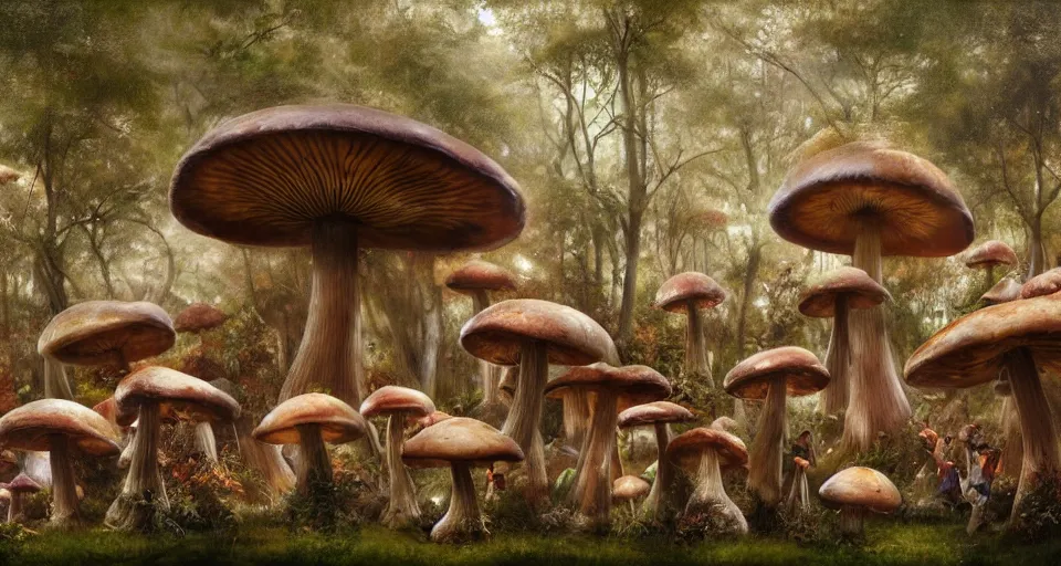 Prompt: A tribal village in a forest of giant mushrooms, by Rob Hefferan