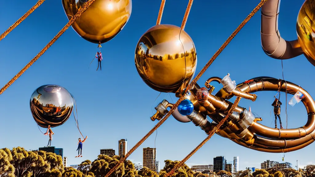 Prompt: large colorful futuristic space age metallic steampunk balloons with pipework and electrical wiring around the outside, and people on rope swings underneath, flying high over the beautiful adelaide city landscape, professional photography, 8 0 mm telephoto lens, realistic, detailed, photorealistic, photojournalism