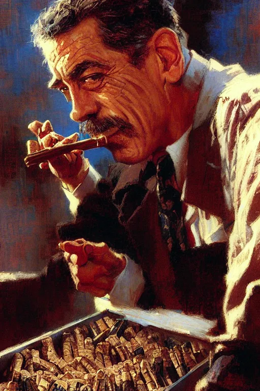 Prompt: j jonah jameson picking out cigars painting by gaston bussiere, craig mullins