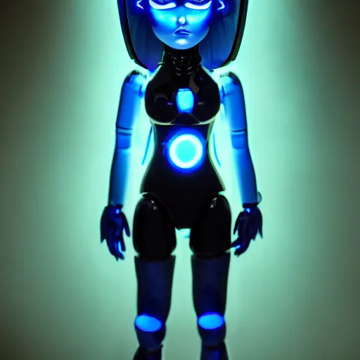 Image similar to blue cyber porcelain doll with led eyes. standing in middle of dark hallway. volumetric light on back. broken neon lighting. cyberpunk. high details, photorealistic, artstation trending. dark mood. h r ginger.