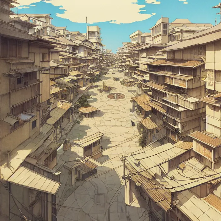 Image similar to empty japanese city, spring, in the style of studio ghibli, j. c. leyendecker, greg rutkowski, artem