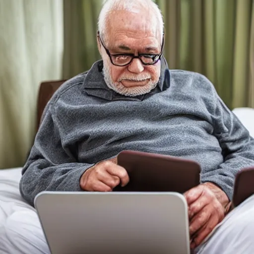 Prompt: elderly man sitting in a casket browsing internet on laptop from a casket casket