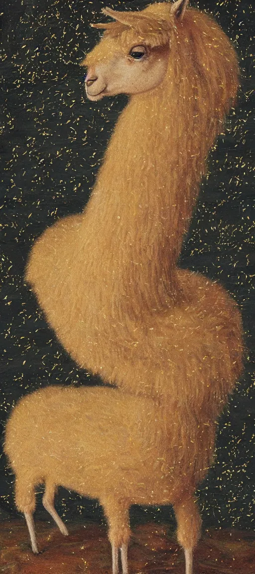 Image similar to detailed medieval oil painting of an alpaca in the forest of pastel feathers lit by small fireflies at night