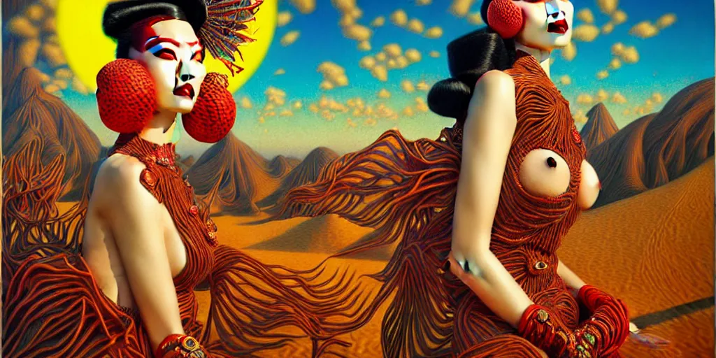 Image similar to giesha demon, innovative avant - garde art, deco fashion, asian women, highly detailed, photorealistic portrait by michael cheval, serene desert setting, crisp quality and light reflections, octane render, taror card with ornate border frame