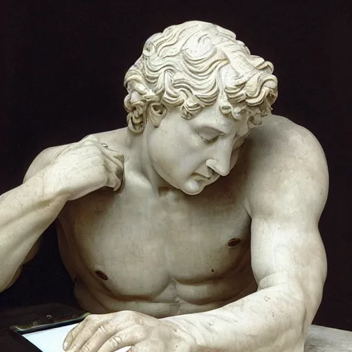 Prompt: photo of a intricately detailed marble statue of david facepalming with a laptop on his lab, because of his slow internet by leonardo davinci