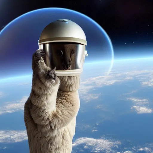 Image similar to a lama in a helmet is flying in space, 4k image.