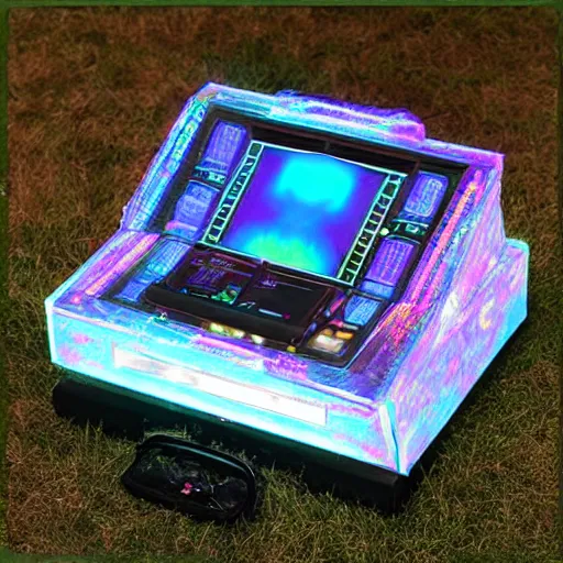 Image similar to holographic crystal ancient computer contraption used to play holo digital board duel games outdoor scene