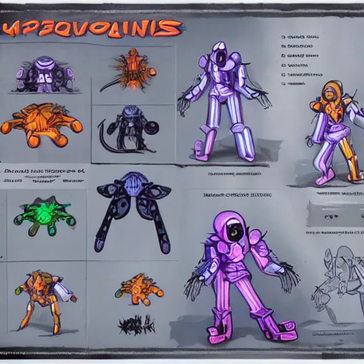 Image similar to official character sheets for a new vampire squid casual mech suit, art by tim schafer black velvetopia art for psychonauts from double fine studios, black light rave, bright neon colors, spray paint, punk, tall thin build, adult character, fully clothed, colorful