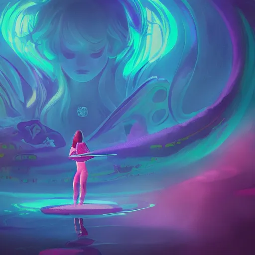 Image similar to Emma Stone with katana swimming in chromatic distortions in misty mysterious astral temple, beautiful, psychedelic, lsd, trending on artstation, omnious, soft, artwork by Tran, Ross