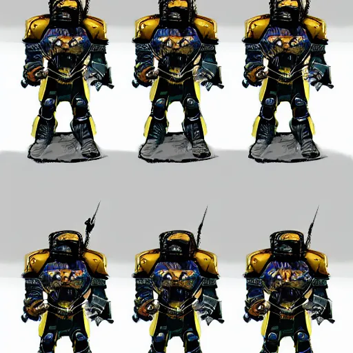 Image similar to Emmanuel Macron in space marine armor from Warhammer 40k, on a battlefield of the future, game workshop style, symmetrical face, multiple details, shimmering light