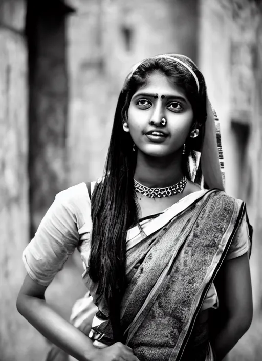 Image similar to portrait Mid-shot of an beautiful 20-year-old Indian woman, street portrait in the style of Mario Testino award winning