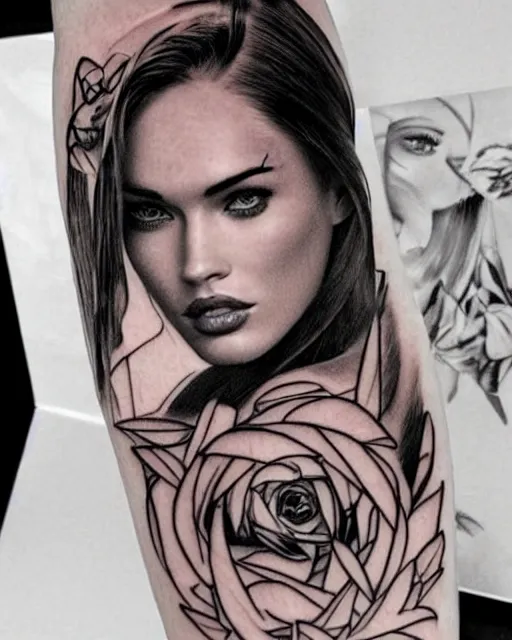 Image similar to artistic double exposure effect tattoo design sketch of megan fox with beautiful mountains, realism tattoo, in the style of andrey lukovnikov, amazing detail, sharp