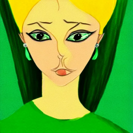 Prompt: Female character, green background, full of yellow leaves, in the artistic style of Melissa Zuñiga