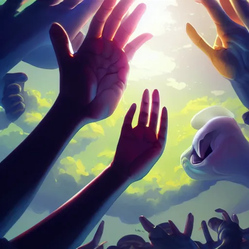 Prompt: a hand reaching out to another hand, behance hd by jesper ejsing, by rhads, makoto shinkai and lois van baarle, ilya kuvshinov, rossdraws global illumination ray tracing hdr radiating a glowing aura