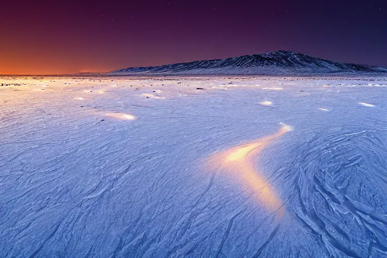 Image similar to A national geographic photo of the vast snowy arctic desert at night with the clear weather and northern lights, Trending on artstation.