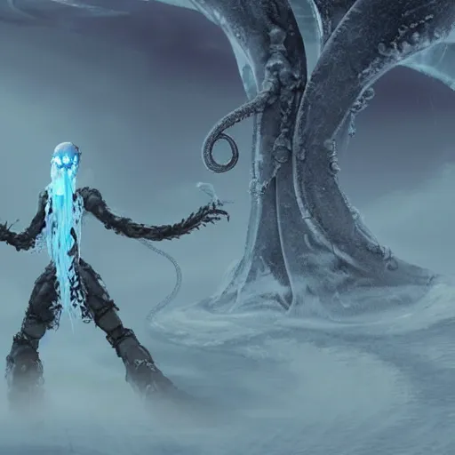 Prompt: screenshot of end game boss that is a chained ethereal ghostly wraith like figure with a squid like parasite latched onto its transparent skull and long tentacle arms that flow lazily but gracefully at its sides like a cloak while it floats around a frozen rocky tundra in the snow searching for lost souls and that hides amongst the frozen underbrush, this character has hydrokinesis and electrokinesis for the resident evil village video game franchise with inspiration from the franchise Bloodborne