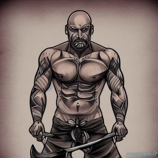 Image similar to muscular bald man, tattooed body, sword in hands, HD, anime style,