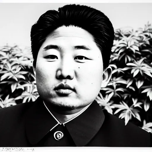 Prompt: araki nobuyoshi style photography of detailed north korean kim chen with detailed face smelling detailed weed bush