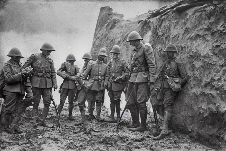 Image similar to old monochromatic photograph of Spider-Man with soldiers in a WW1 trench