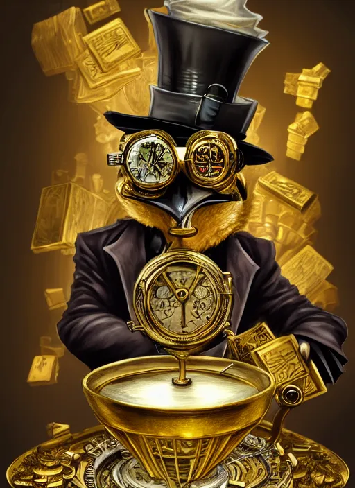 Image similar to athropomorphized rich penguin capitalist sitting on pile of gold, wearing steampunk top hat, goggles, drinking tea, concept art, insanely detailed and intricate, hypermaximalist, elegant, ornate, hyper realistic, super detailed, art deco, cinematic, trending on artstation, magic the gathering artwork, centered