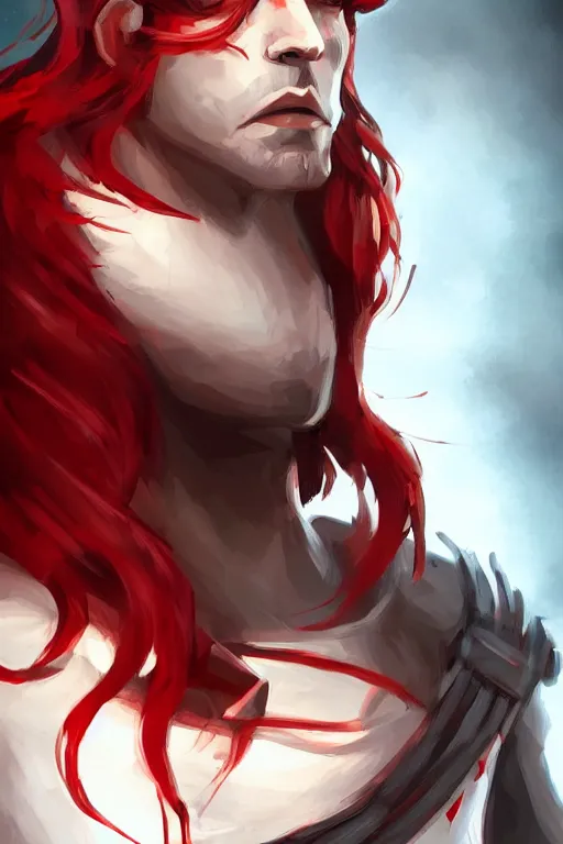 Prompt: A handsome man with a blood red hair in the style of risk of rain, white eyes, fantasy, portrait, sharp focus, intricate, elegant, digital painting, artstation, matte, highly detailed, concept art, illustration, ambient lighting