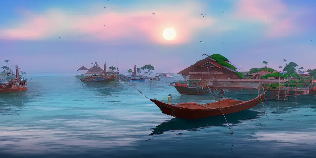 Image similar to pulau indah town, boat in foreground, early morning, detailed matte painting, low angle view, telephoto lens, bokeh, studio ghibli, artstation