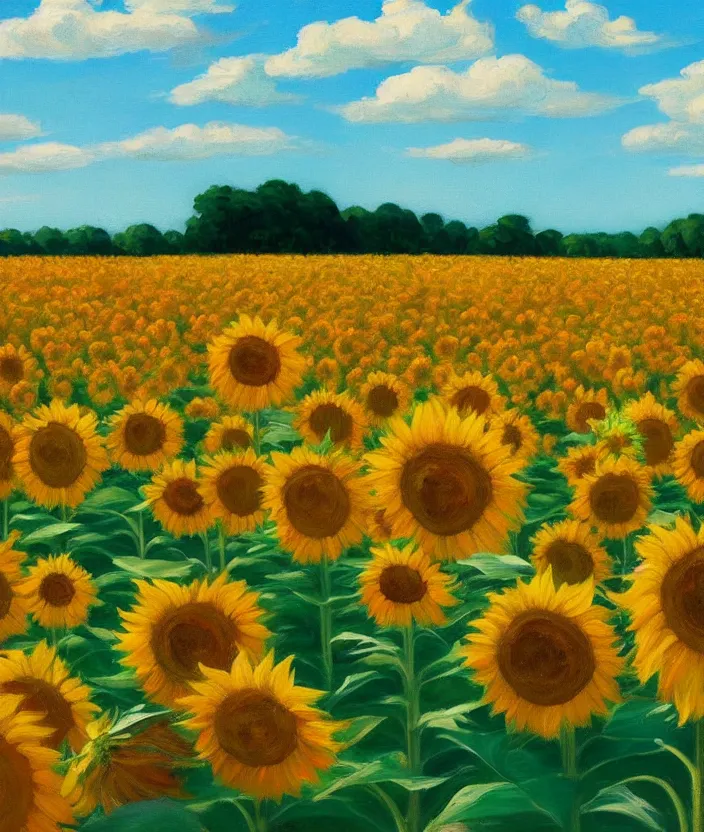 Prompt: a highly detailed sunflower field, baby blue sky with very aesthetic stylized clouds, in the style of edward hopper, very fine brushstrokes, 4 k,