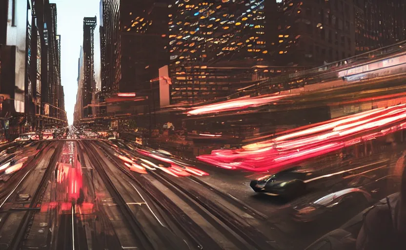 Image similar to busy nyc street , dense traffic , metro train on bridge over street, cinematic lighting, still photo