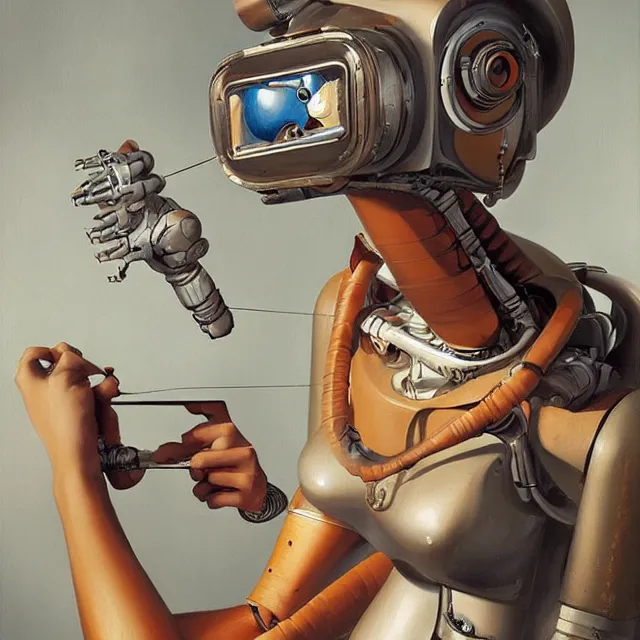 Image similar to robot artist painting a self - portrait on a canvas. intricate, highly detailed, digital matte painting in the style of gil elvgren and in the style of h. r. giger and in the style of anna dittmann. irony, recursion, inspiration.