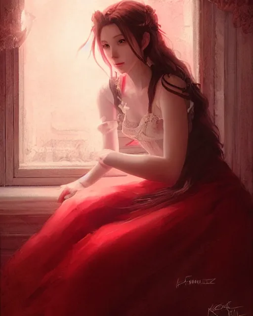 Image similar to aerith gainsborough in red lace skirt, portrait, illustration, rim light, top light, perfectly shaded, spring time, slight overcat lighting, soft painting, art by krenz cushart and wenjun lin