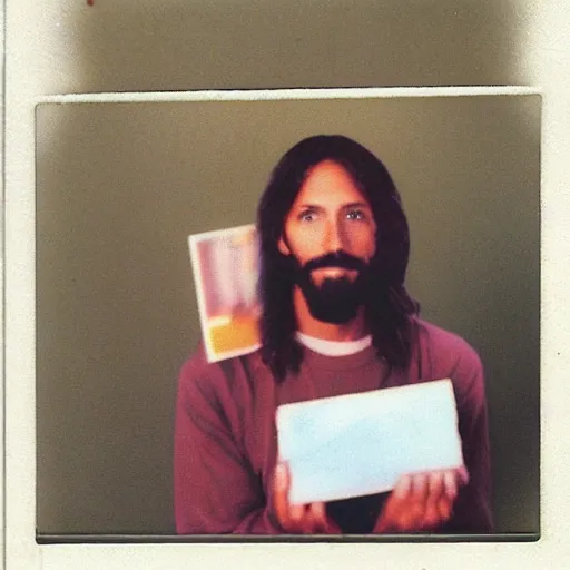 Image similar to a found polaroid of Jesus caught shoplifting, circa 1990