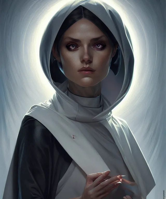 Prompt: futuristic nun woman portrait, sci - fi, amber eyes, face, long hair, fantasy, intricate, elegant, highly detailed, digital painting, artstation, concept art, smooth, sharp focus, illustration, art by artgerm and greg rutkowski and alphonse mucha