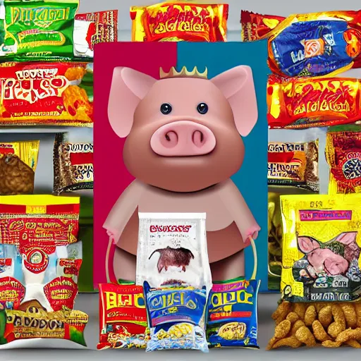 Image similar to photo realistic pig king on throne surrounded snack food bags, realistic, award winning, cinematic