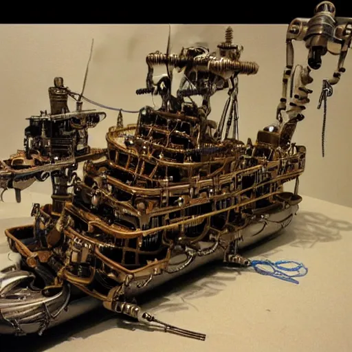 Prompt: future cybernetic steampunk pirate ship with robotic arms