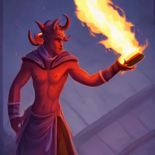 Prompt: Burning port, tiefling with a torch