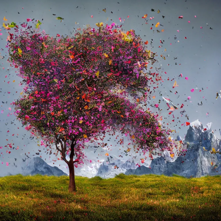 Image similar to a beautiful awesome artistic tree with falling flowers like leaves and many birds, all in the amazing outdoors view, mountain in the background, lake, long exposure, 8 k resolution, trending on artstation