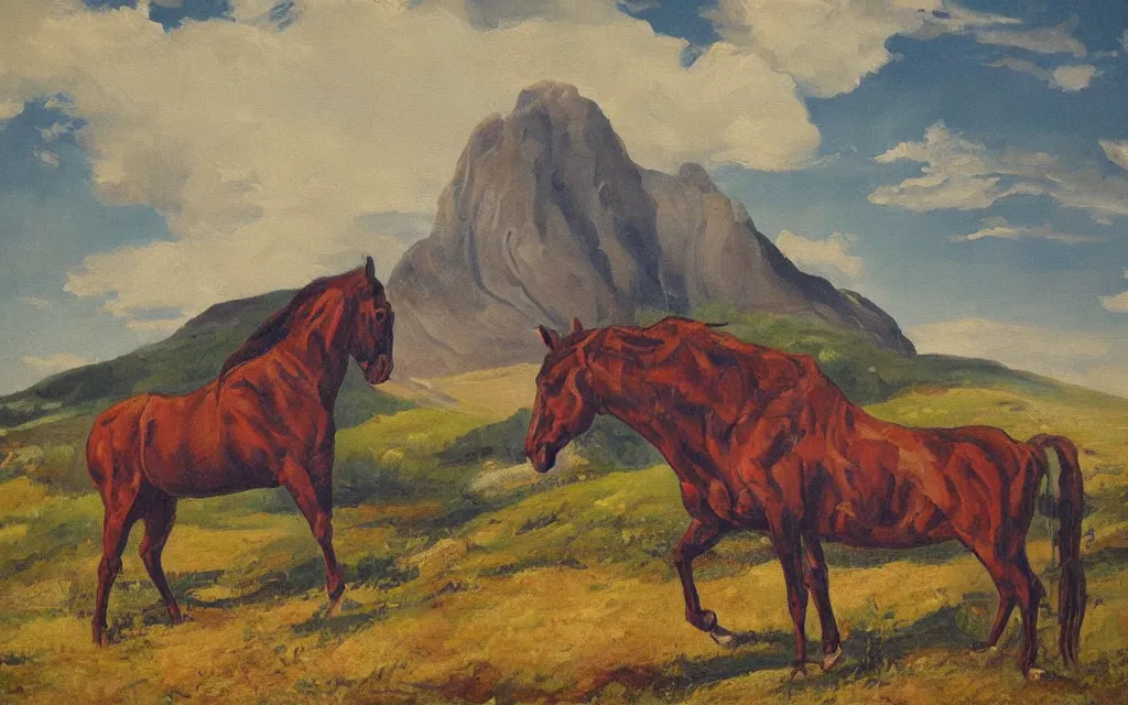 Image similar to a painting of a crazy horse during a heatwave in norway countryside, oil on canvas, by constantin hansen