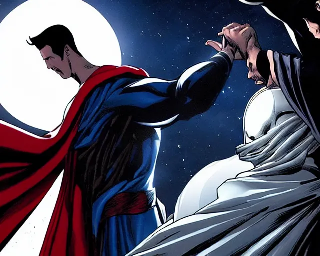 Prompt: still of moon knight vs dr. strange, in the movie moon knight and avengers