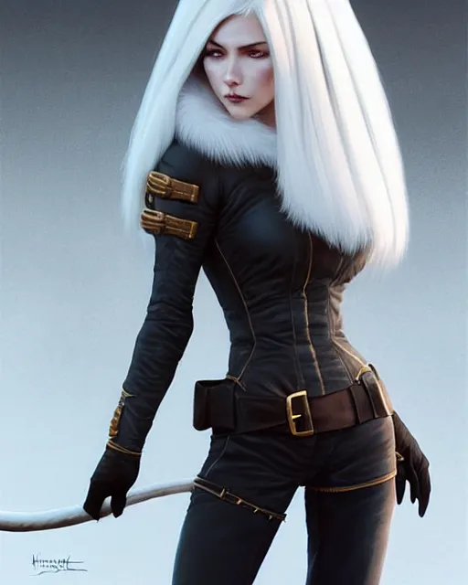 Prompt: dragon hunter wearing a fur - lined dragonhide jacket!!! beautiful and elegant white hair female!! symmetry, character concept art, sharp focus, illustration, artgerm!! greg rutkowski! wlop!! ilya kuvshinov!! charlie bowater! octane render! unreal engine 5! highly rendered!! trending on artstation!