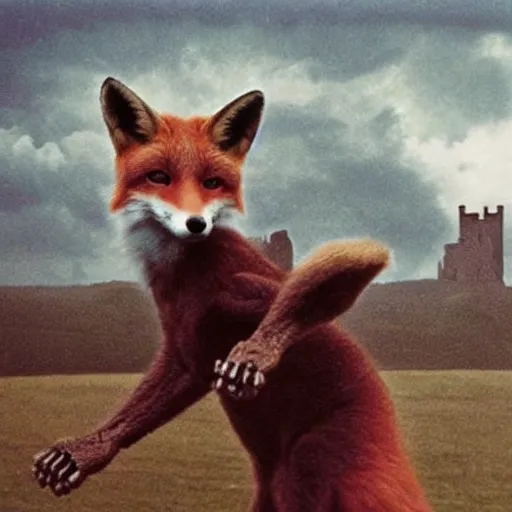 Image similar to anthropomorphic fox!! who is a medieval knight holding a swo - rd towar - ds a stormy thundercloud [ 1 9 3 0 s film still ], ( castle in the background )