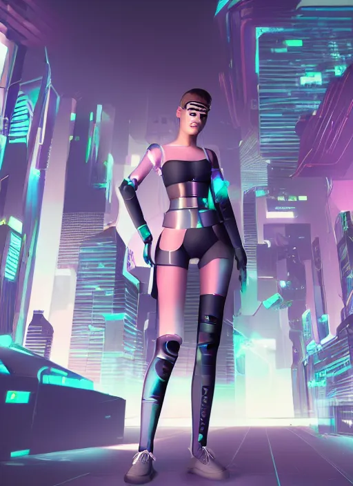 Image similar to a vaporware style style cyborg girl in a futuristic city