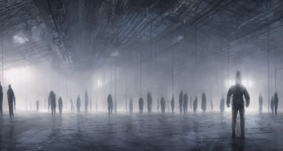 Prompt: illustration of rows of humans in cryostasis in a cold warehouse, refrigerated storage facility, rolling fog, greg rutkowski, cyberpunk, dramatic lighting, unreal engine 5, colorful