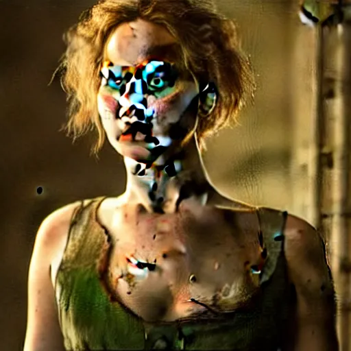 Image similar to jennifer lawrence as frankenstein's monster, color photography, sharp detail, still from the movie