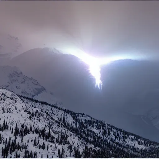 Prompt: high rocky mountains snow steep dark gloomy volumetric lightning lense flare 4 k