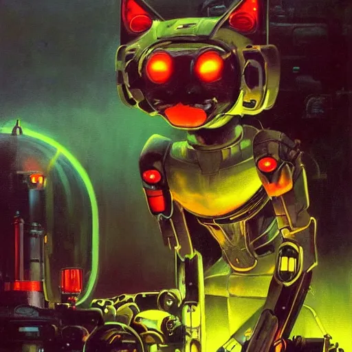 Image similar to a dark and colorful close - up of a sci - fi mecha cat robot with led lights glowing fog in the background. highly detailed science fiction painting by norman rockwell, frank frazetta, and syd mead. rich colors, high contrast, gloomy atmosphere, dark background. trending on artstation