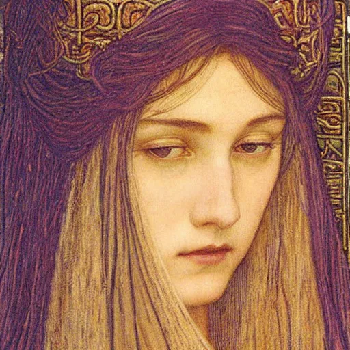 Image similar to detailed realistic beautiful young medieval queen face portrait by jean delville, art nouveau, symbolist, visionary, gothic, pre - raphaelite